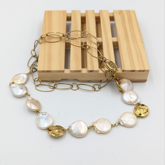 JULIO Coin Pearl Necklace Gold Tone Retired Freshwater Pearl 24 inch long Signed - Picture 2 of 15